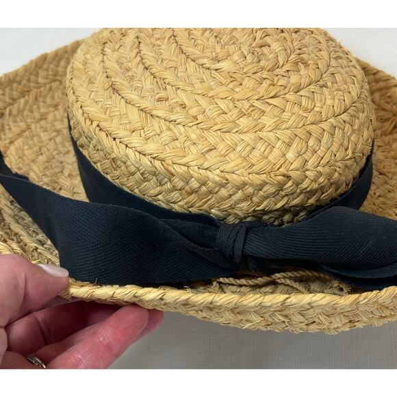 Helen Kaminski Hat Classic 5 Raffia Straw Nougat Black Ribbon Bow Beach Sun